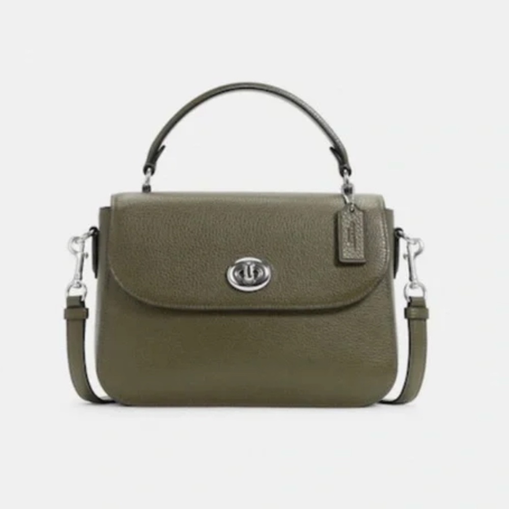 NWT Coach Marlie Top Handle Satchel Silver/Surplus Olive Green Leather Crossbody